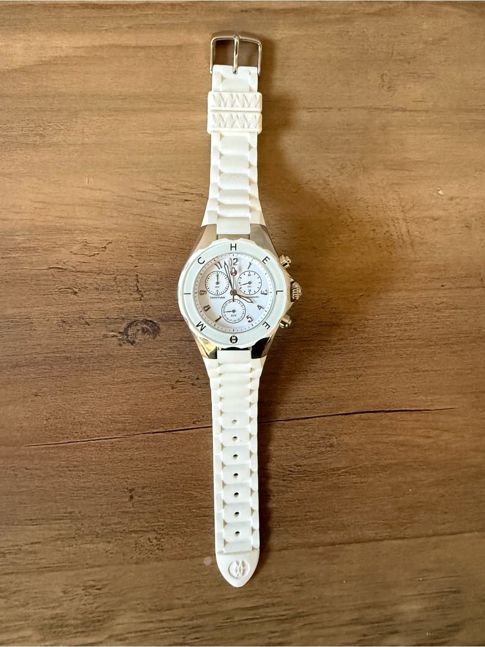 Authentic MICHELE Tahitian Jelly Bean Chronograph Watch – All White / Silver